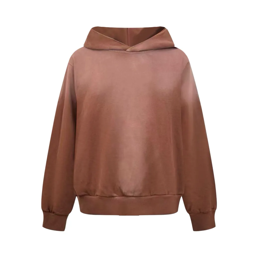 Acne mud-dyed washed frayed distressed hooded sweatshirt (Brown). The fabric is made of customized air-oxygen soft cotton blend. It is soft and delicate, comfortable and skin-friendly. Soft matt velvet Brown is warm and elegant. It has a relaxed and noble aura. The loose shoulder silhouette stretches casually. The raw edge hem outlines the casual lines of Retro. The Acne Studios STOCKHOLM logo is worn on the back. Silent embellishment. The Classic logo is low-key engraved with brand genes. Exquisitely blending street luxury texture and Scandinavian minimalist aesthetics in a relaxed posture, highlighting the high-end aesthetic core of Nordic luxury, using glue printing technology. The chest printing has been modified three times with the film screen. Use glue liquid paint to print the pattern on the fabric. The fabric is baked to fix the printing pattern, and the gradient old-fashioned spray-on process. By spraying dyes of different colors on the surface of the fabric, the clothes can show rich color changes under different lights. To increase the visual layering, many parts of the body are worn and worn by purely manual regular positioning. Manual brushing marks are added to the surface of the clothing to add texture and depth to imitate the texture of natural wear. The fabrics have been fermented and washed to have a better hand feel and texture. It is not easy to deform, shrink or fade, and maintains long-term beauty. Size:S-M-L-XL